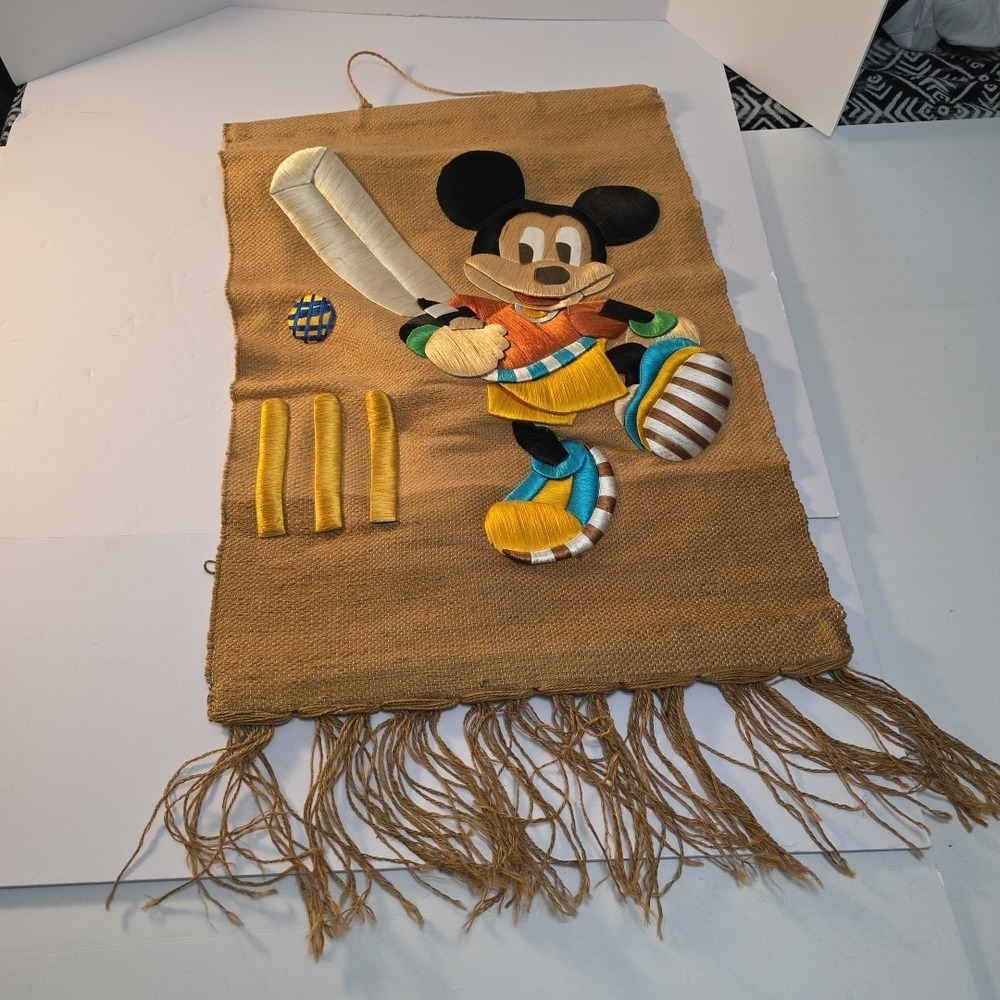 MICKEY MOUSE Woven Burlap Vintage Wall Hanging Tapestry Embroidery Plays Cricket